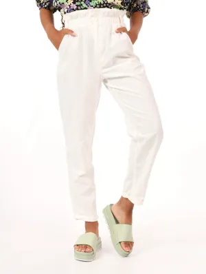 Ladies PaperBag Double Button Linen Mom Pant - White