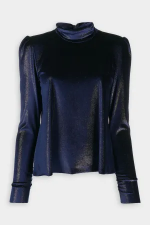 Laminated Velvet Turtleneck Top in Navy Gold