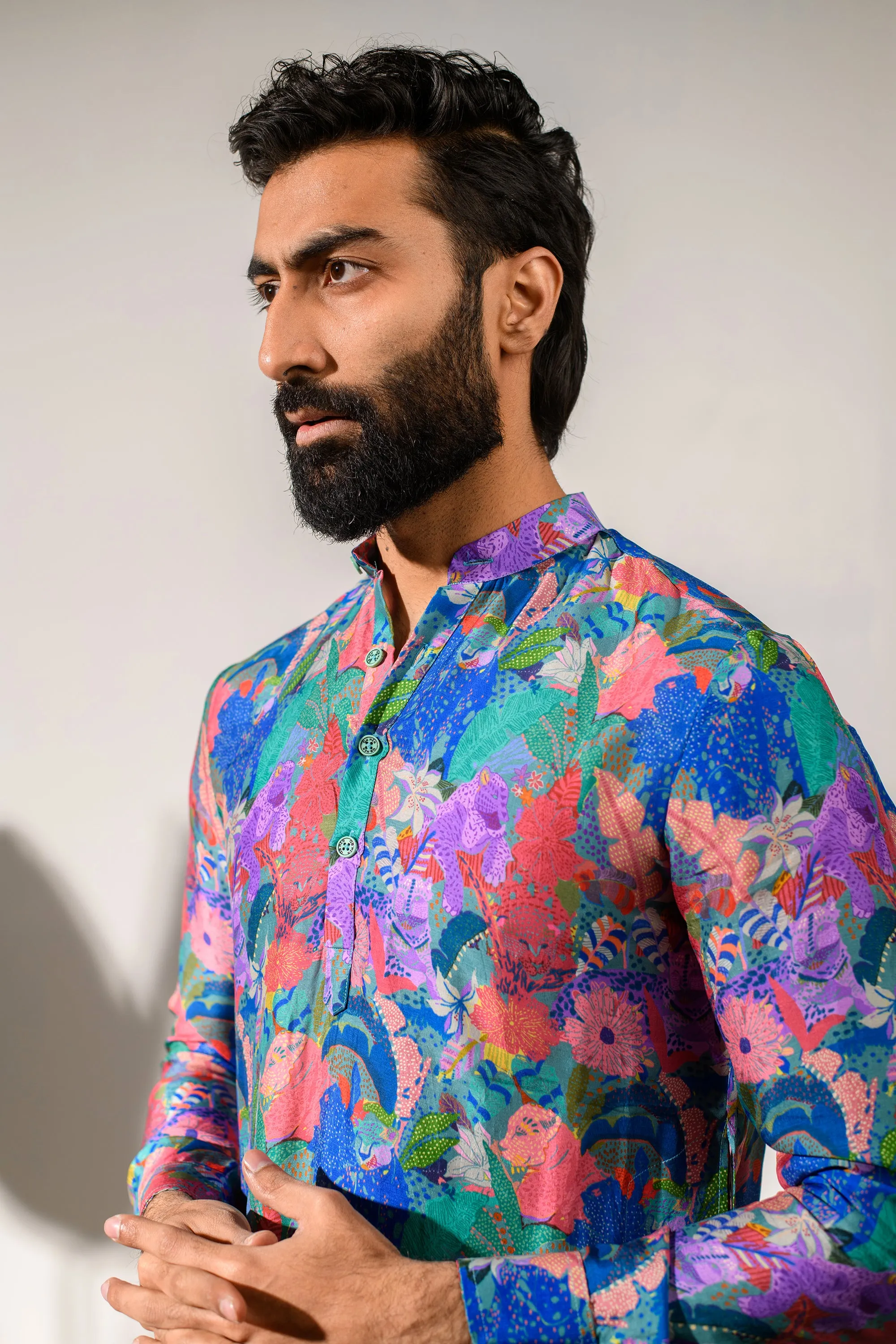 Leopard Multicolor Floral Blue Russian Silk  - Ganganagry Kurta For Men
