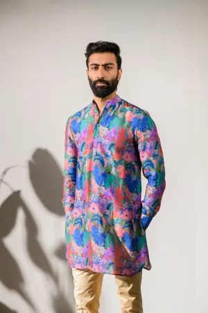 Leopard Multicolor Floral Blue Russian Silk  - Ganganagry Kurta For Men