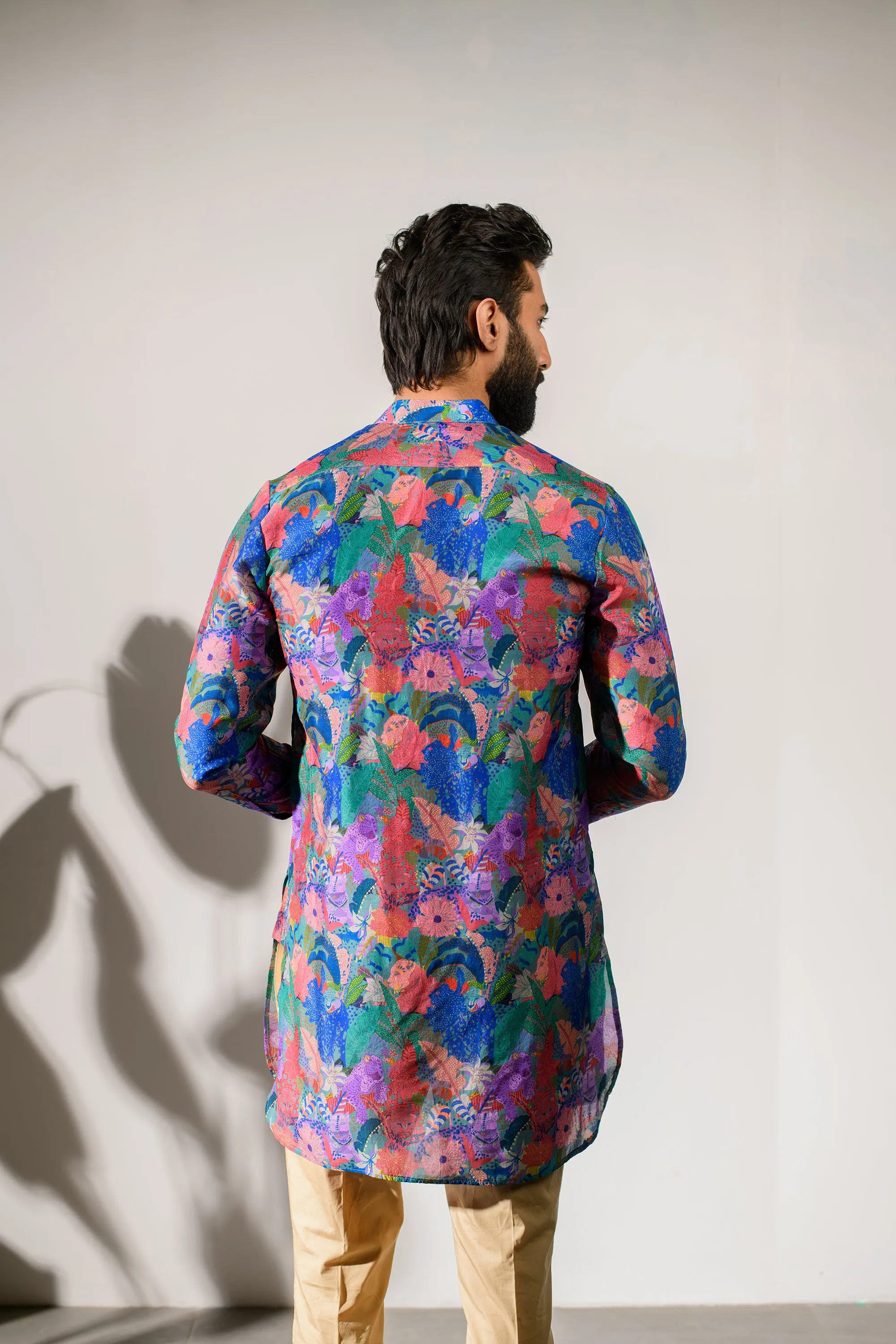 Leopard Multicolor Floral Blue Russian Silk  - Ganganagry Kurta For Men