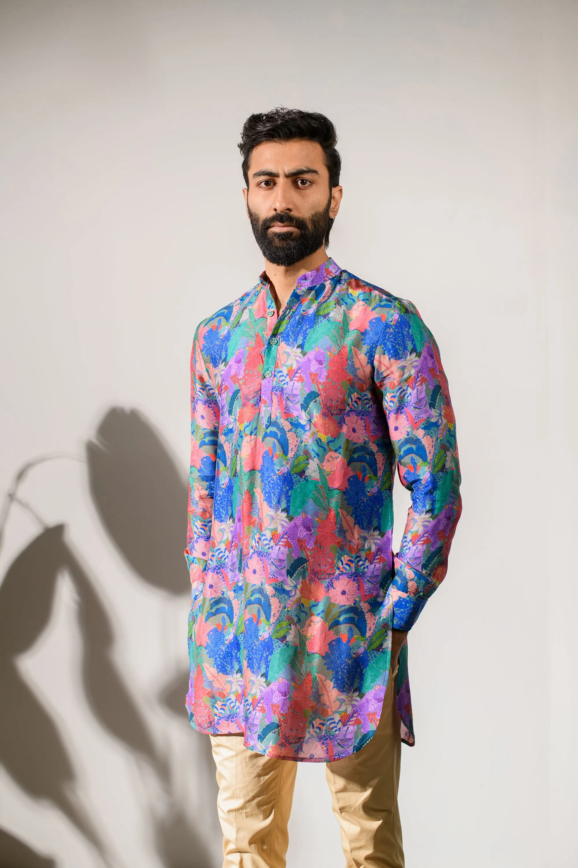 Leopard Multicolor Floral Blue Russian Silk  - Ganganagry Kurta For Men
