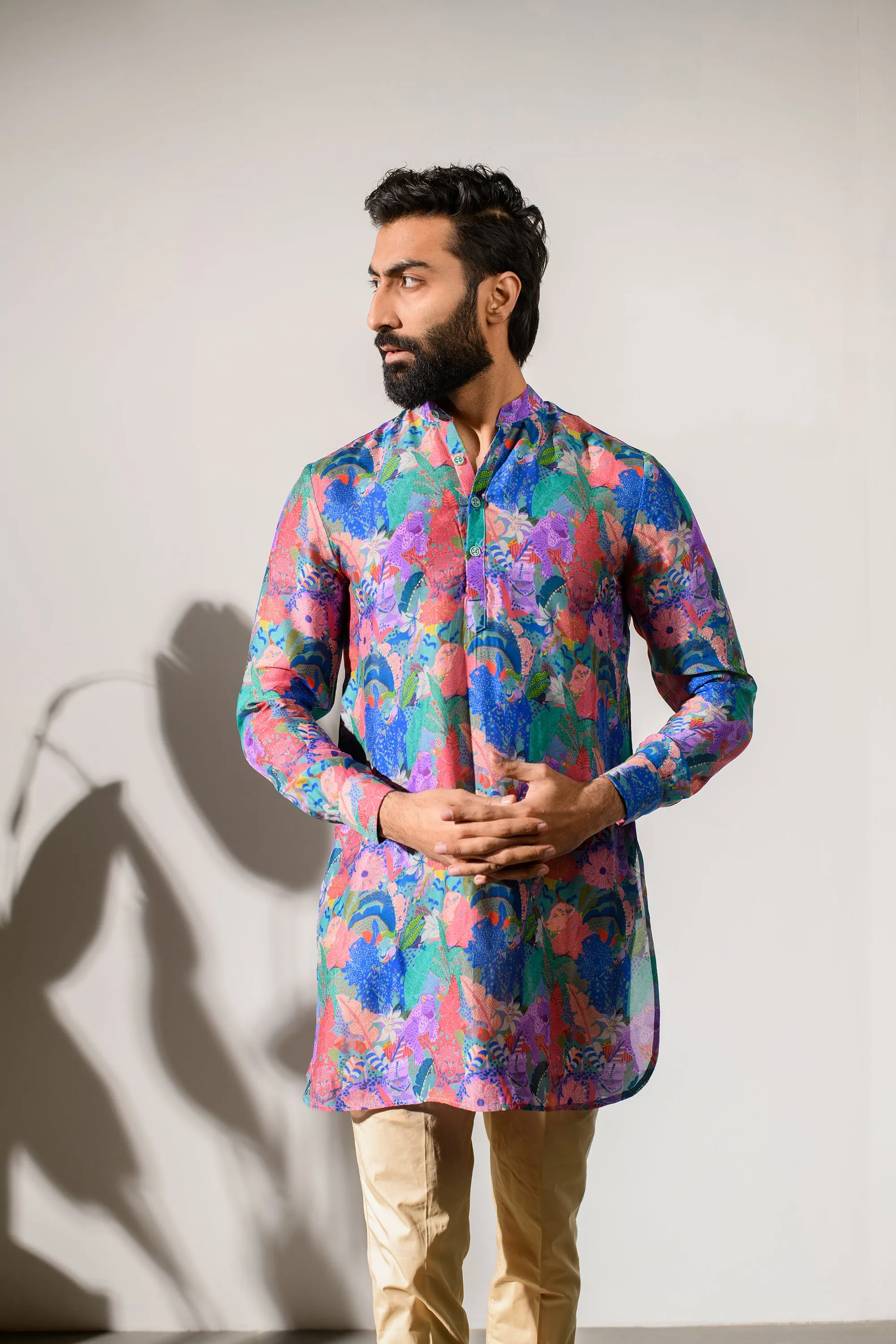 Leopard Multicolor Floral Blue Russian Silk  - Ganganagry Kurta For Men