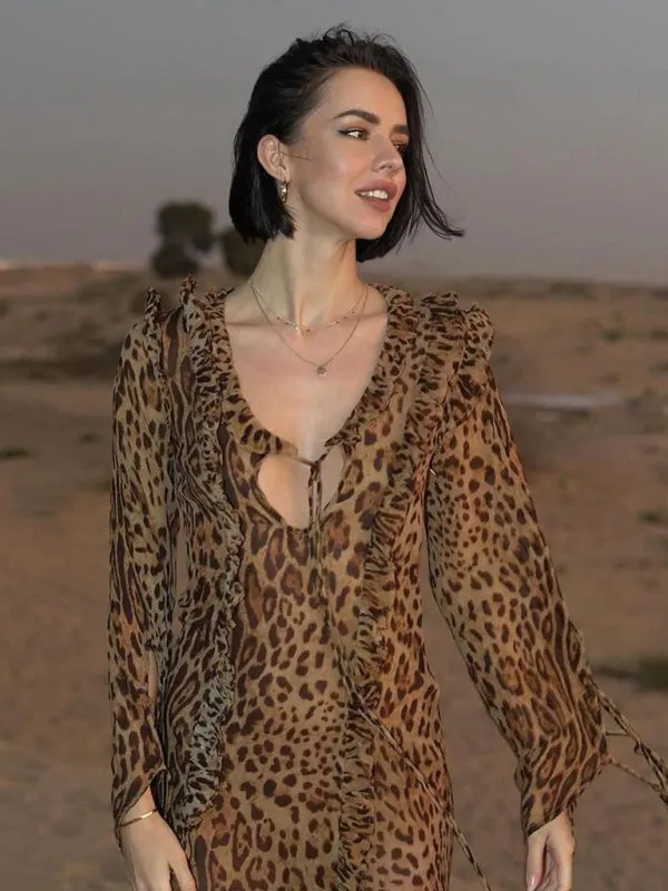 Leopard Print Maxi Dress with Ruffled Slit and Tie Detail