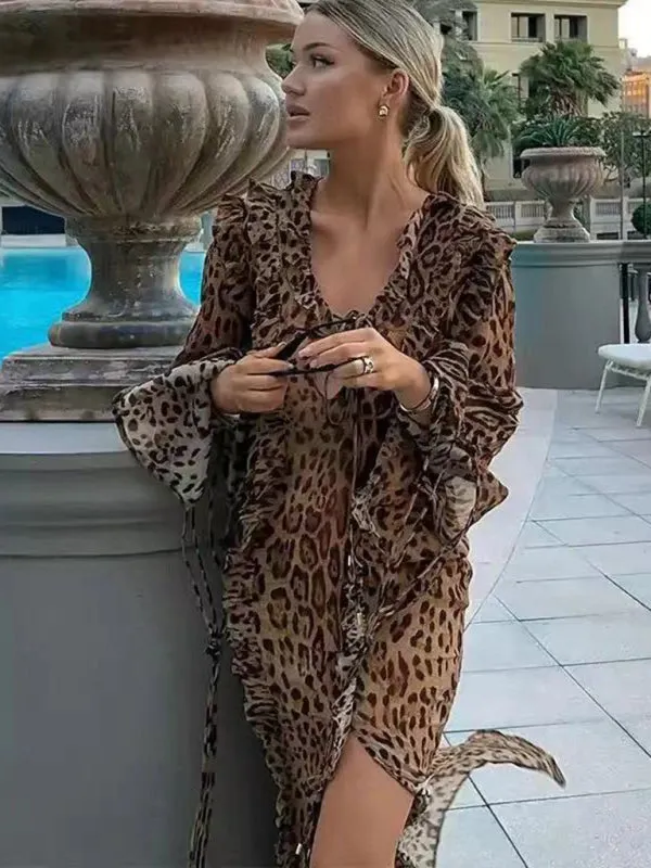Leopard Print Maxi Dress with Ruffled Slit and Tie Detail