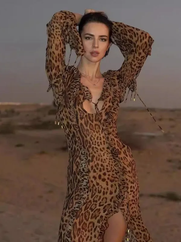 Leopard Print Maxi Dress with Ruffled Slit and Tie Detail