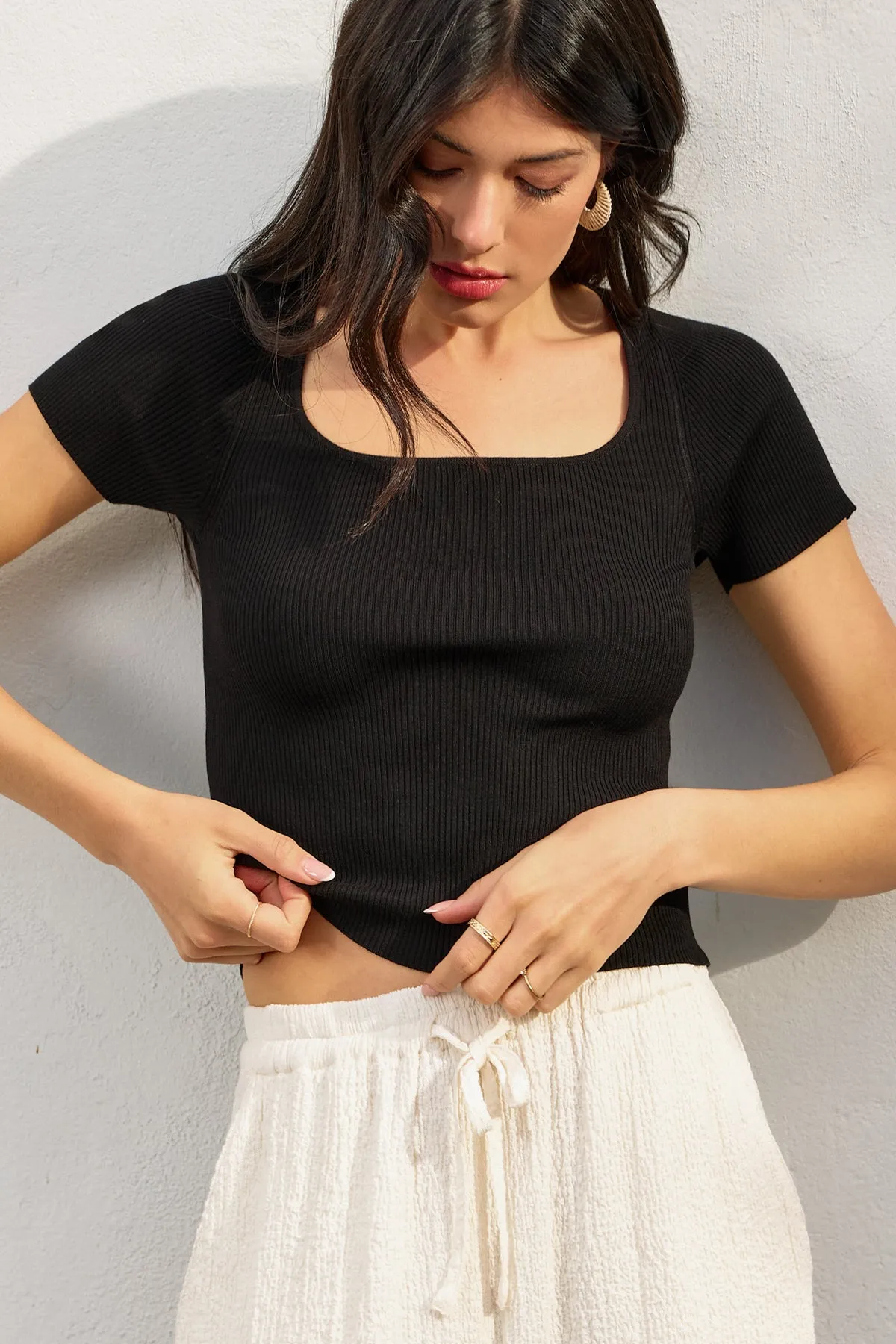 Levon Knit Sqaure Neck Short Sleeve Top
