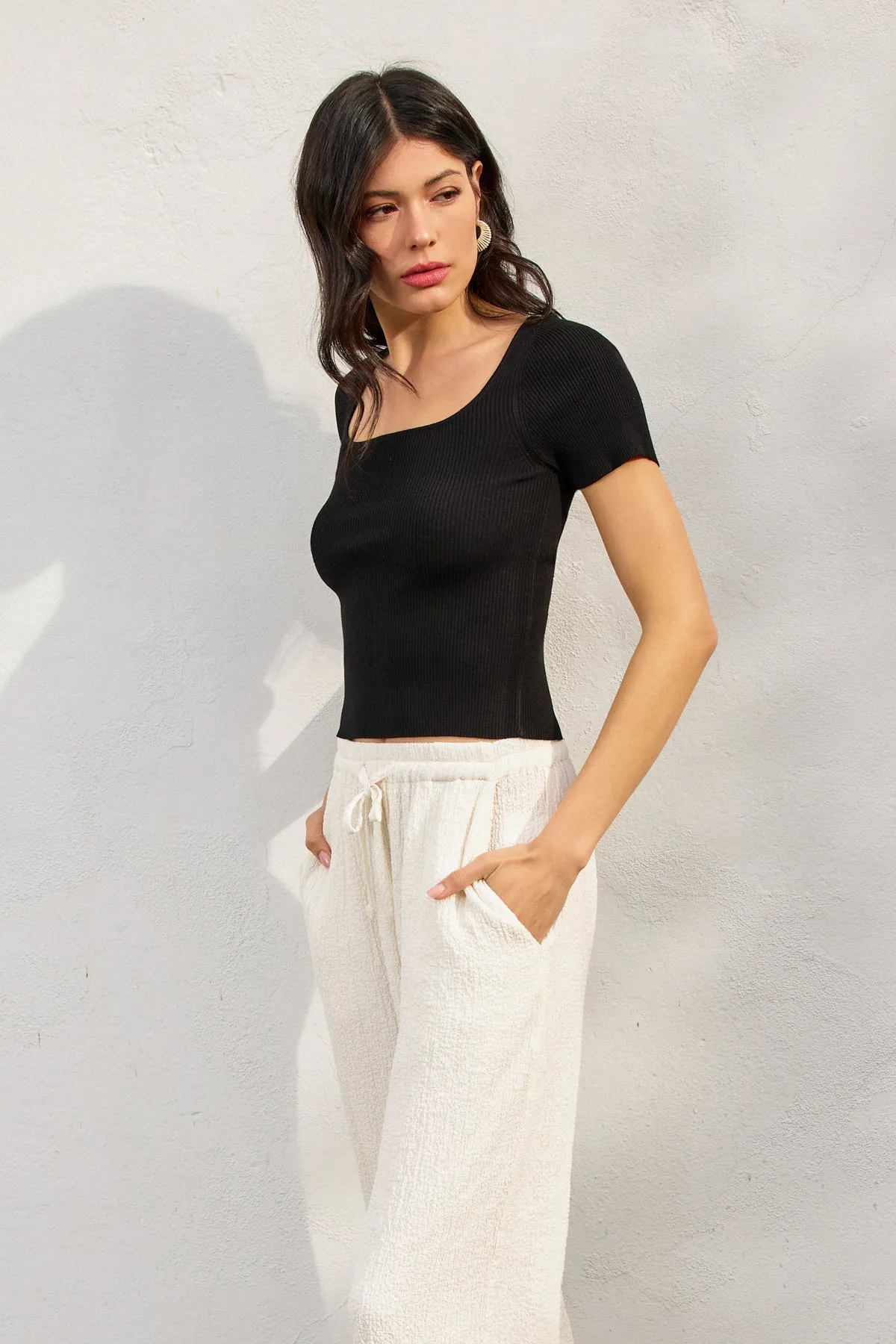 Levon Knit Sqaure Neck Short Sleeve Top