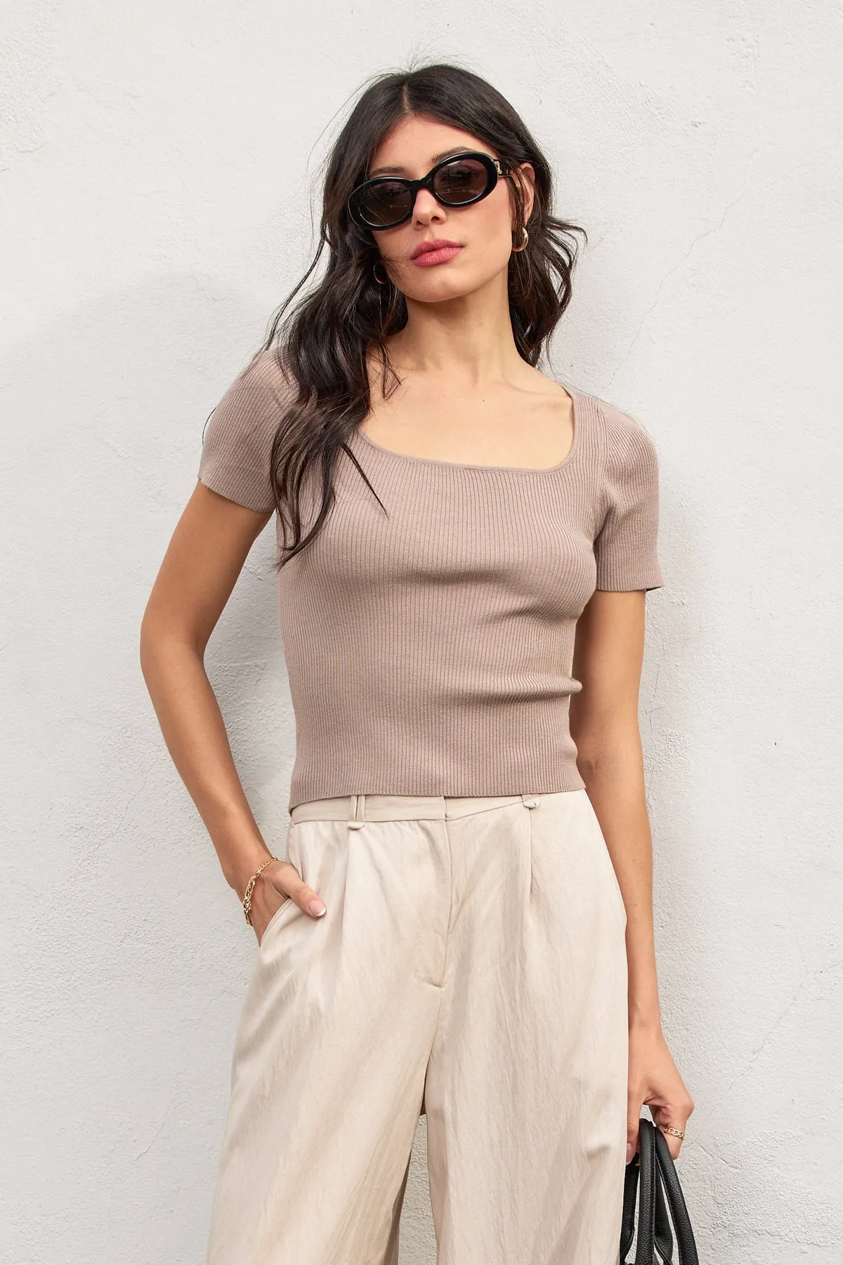 Levon Knit Sqaure Neck Short Sleeve Top