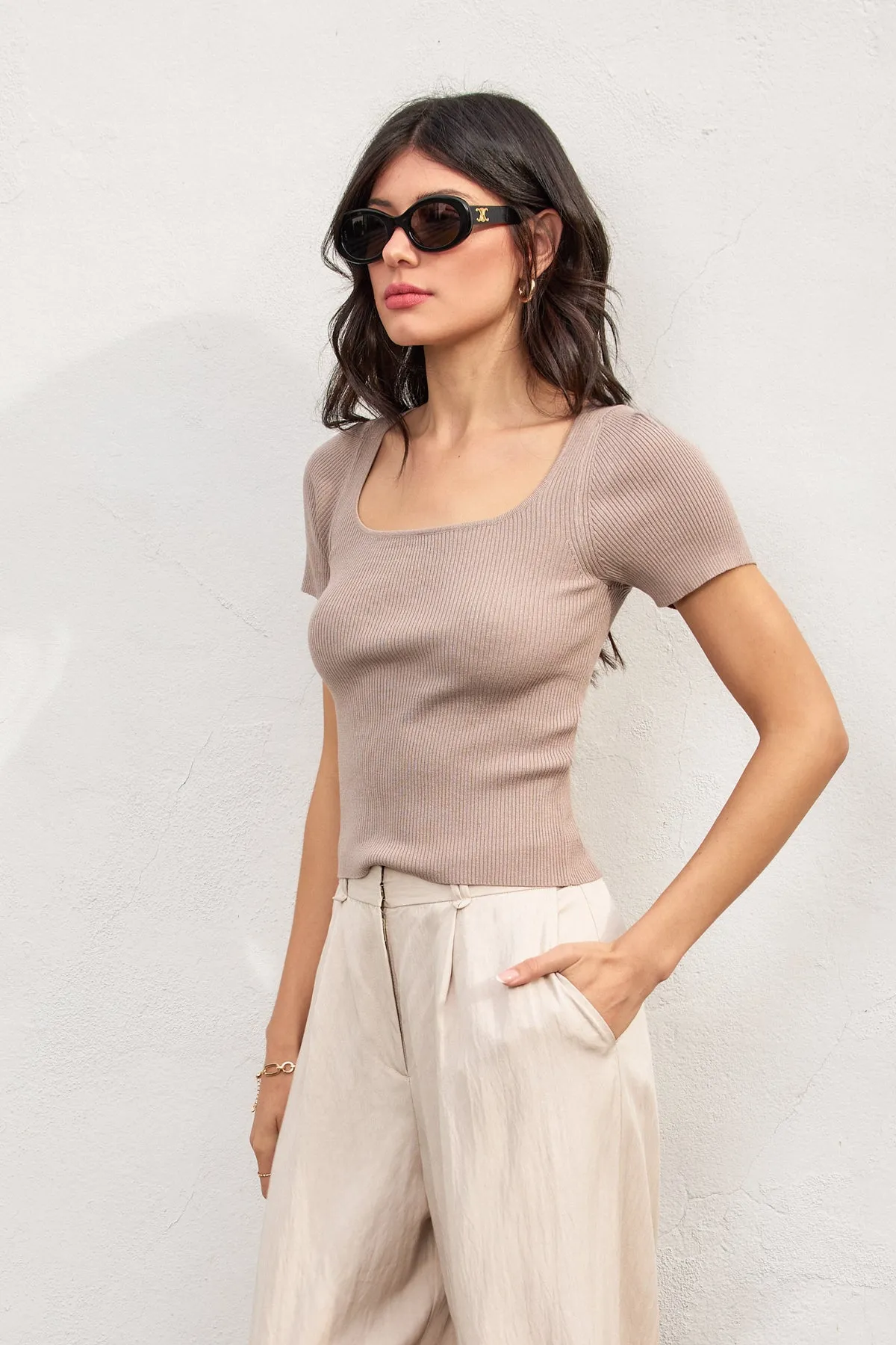Levon Knit Sqaure Neck Short Sleeve Top