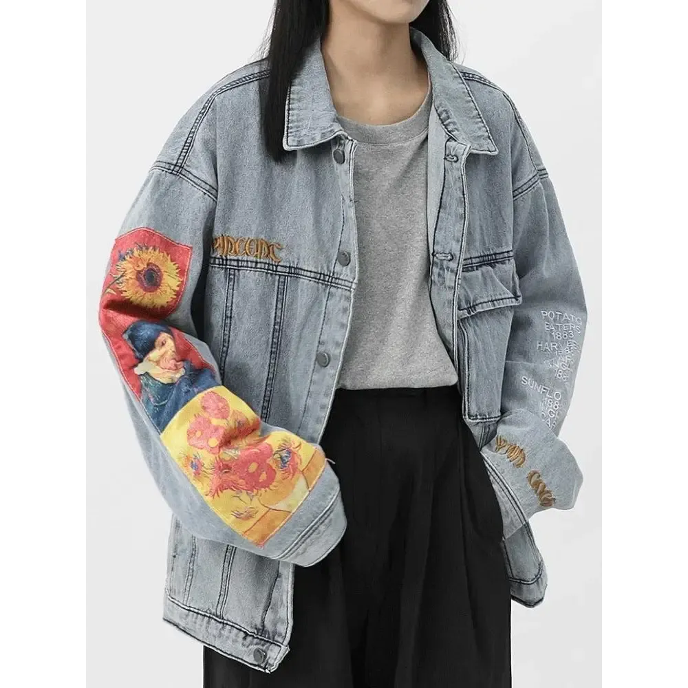 Light Wash Denim Jacket with Van Gogh Artistry on Sleeves