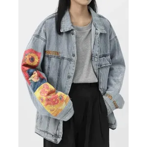 Light Wash Denim Jacket with Van Gogh Artistry on Sleeves