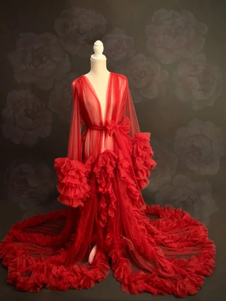 Long Sleeve Evening Dress Ruffled V Neck Tulle Maternity Dress for Photoshoot