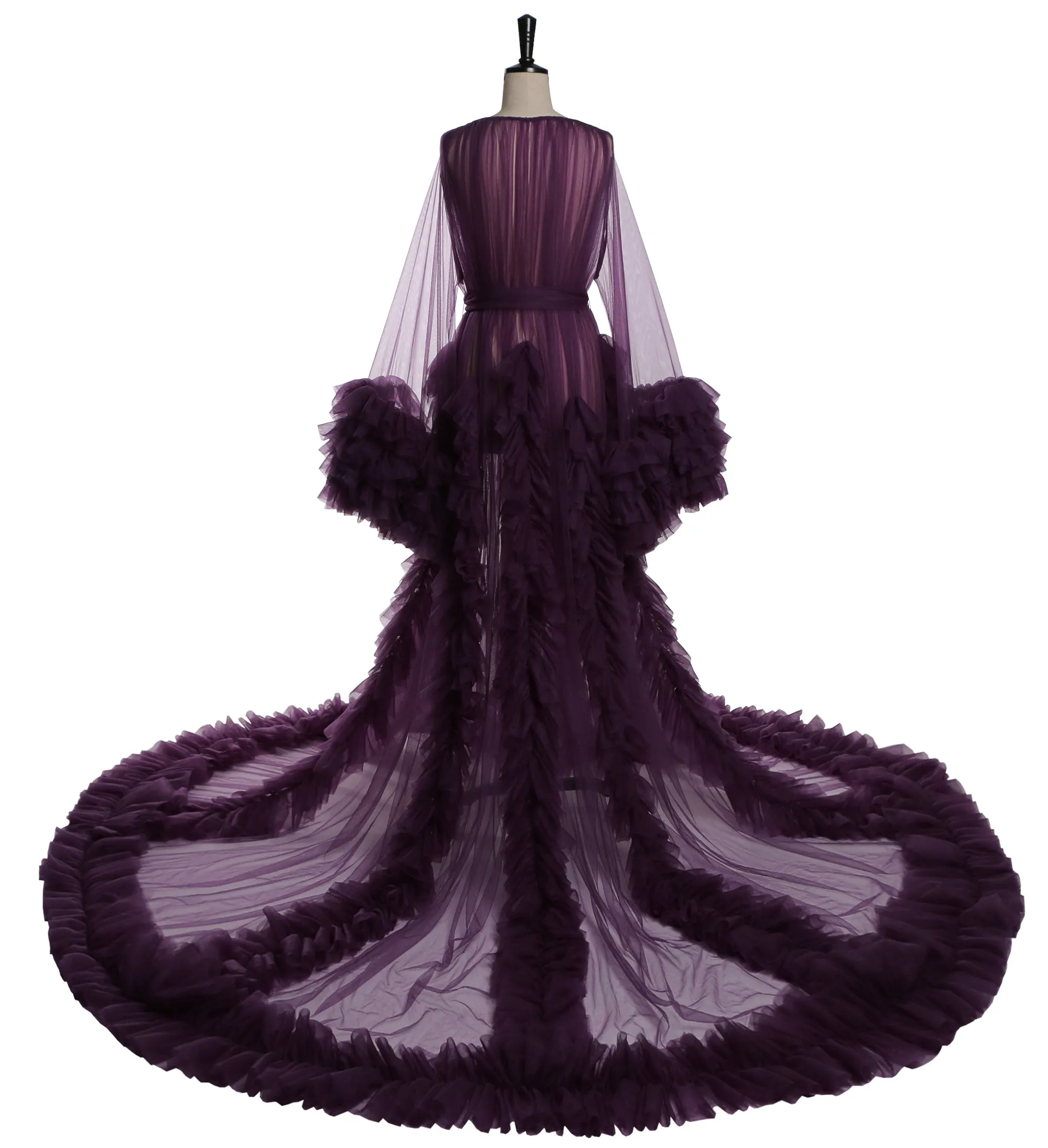 Long Sleeve Evening Dress Ruffled V Neck Tulle Maternity Dress for Photoshoot