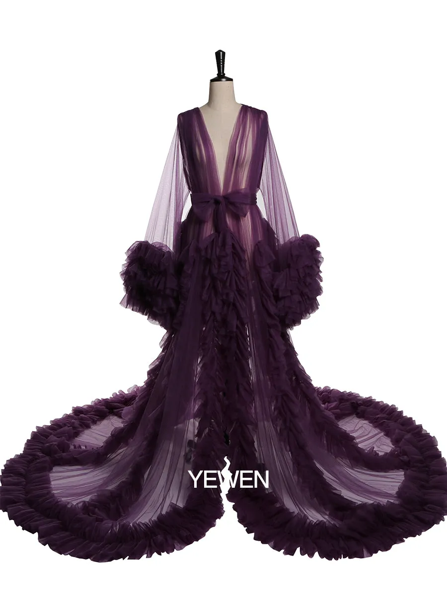 Long Sleeve Evening Dress Ruffled V Neck Tulle Maternity Dress for Photoshoot