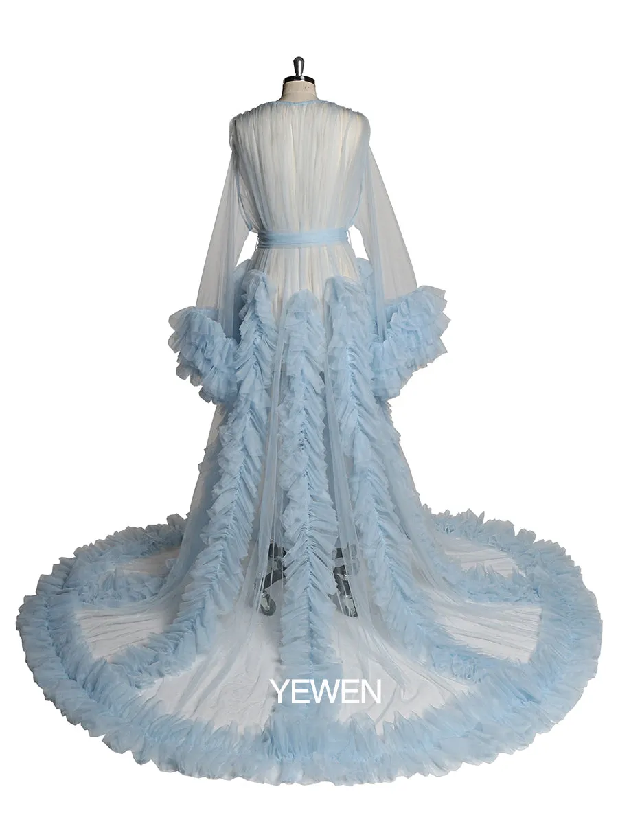 Long Sleeve Evening Dress Ruffled V Neck Tulle Maternity Dress for Photoshoot