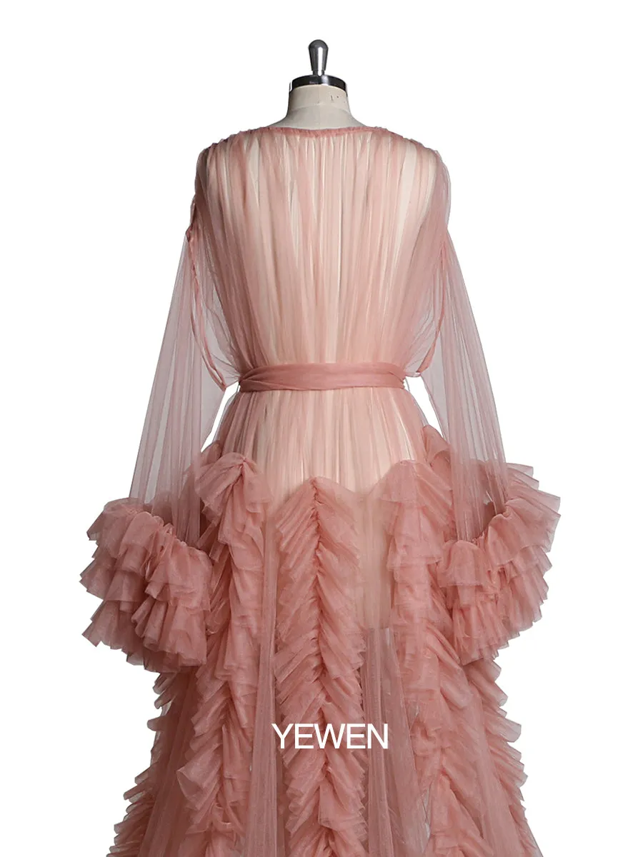 Long Sleeve Evening Dress Ruffled V Neck Tulle Maternity Dress for Photoshoot