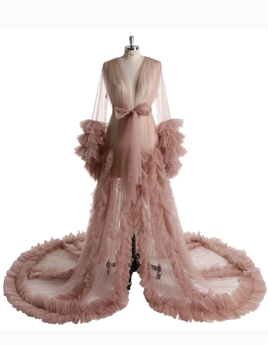 Long Sleeve Evening Dress Ruffled V Neck Tulle Maternity Dress for Photoshoot
