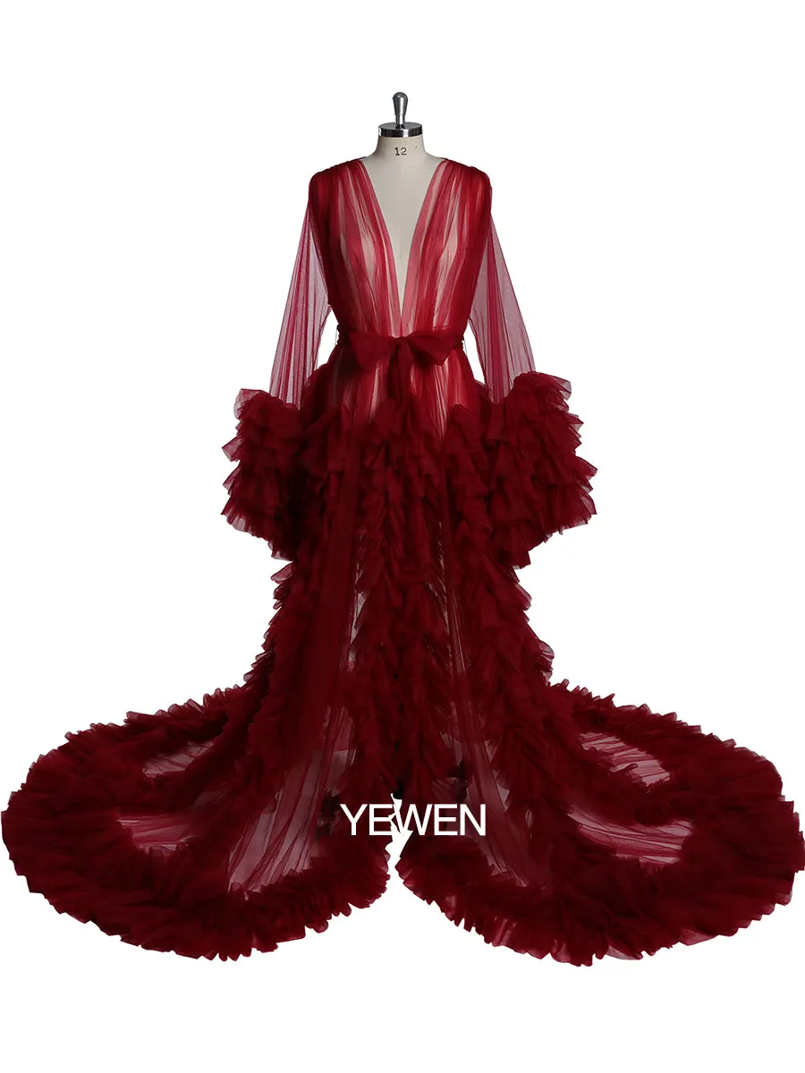 Long Sleeve Evening Dress Ruffled V Neck Tulle Maternity Dress for Photoshoot