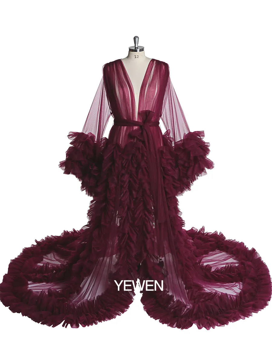 Long Sleeve Evening Dress Ruffled V Neck Tulle Maternity Dress for Photoshoot