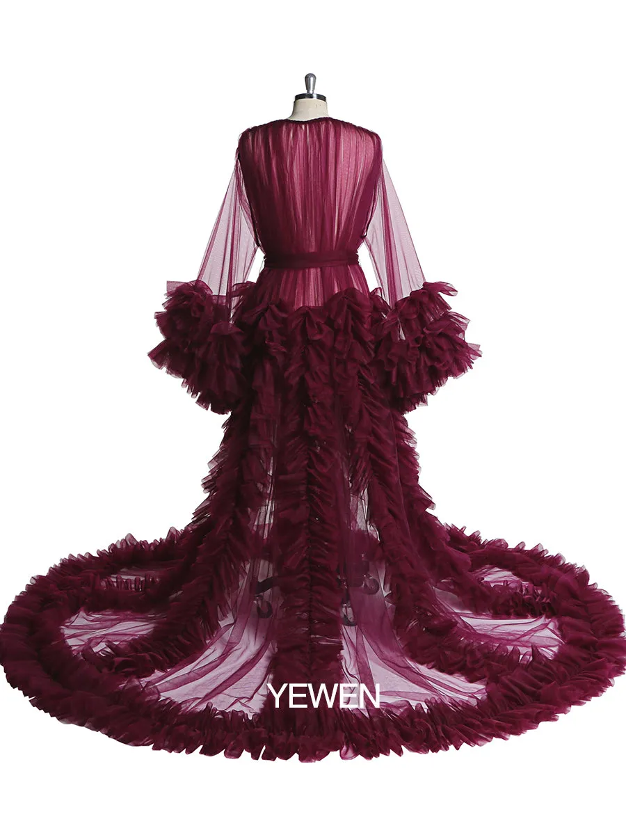 Long Sleeve Evening Dress Ruffled V Neck Tulle Maternity Dress for Photoshoot