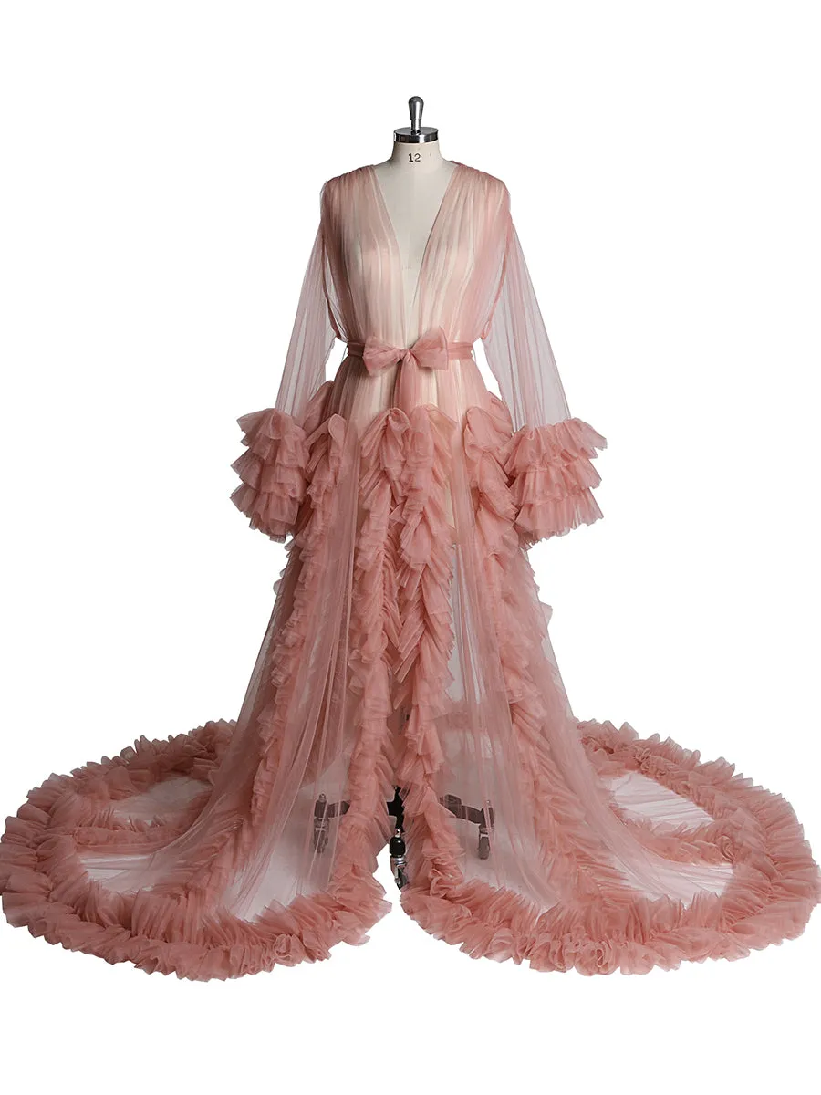 Long Sleeve Evening Dress Ruffled V Neck Tulle Maternity Dress for Photoshoot