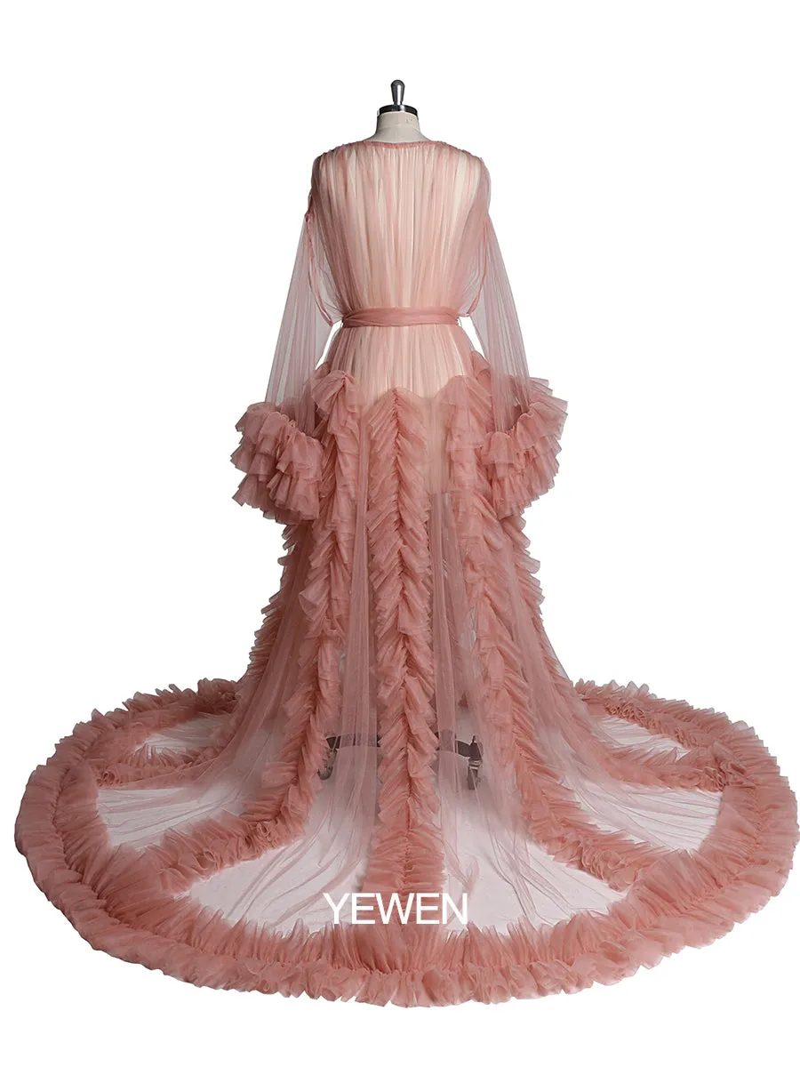 Long Sleeve Evening Dress Ruffled V Neck Tulle Maternity Dress for Photoshoot