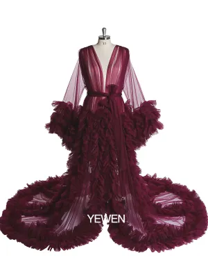 Long Sleeve Evening Dress Ruffled V Neck Tulle Maternity Dress for Photoshoot