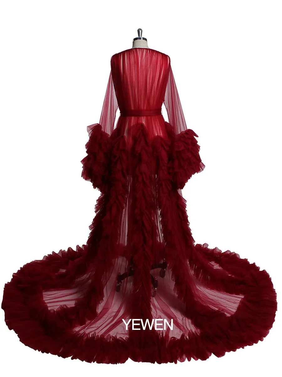 Long Sleeve Evening Dress Ruffled V Neck Tulle Maternity Dress for Photoshoot