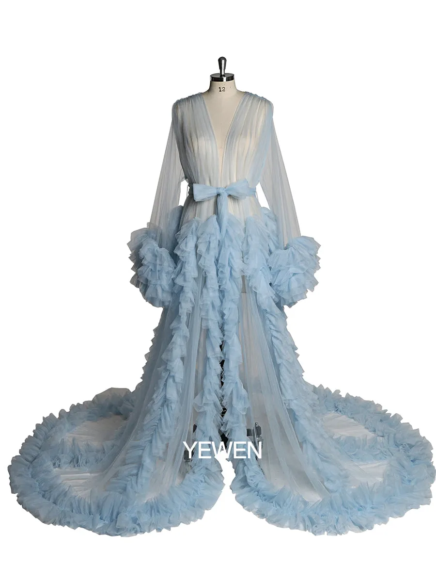 Long Sleeve Evening Dress Ruffled V Neck Tulle Maternity Dress for Photoshoot