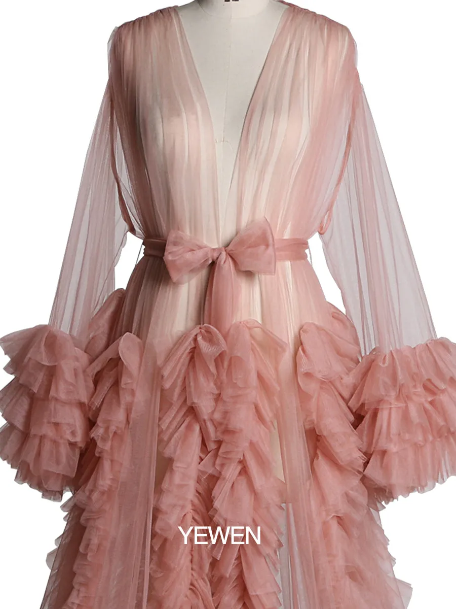 Long Sleeve Evening Dress Ruffled V Neck Tulle Maternity Dress for Photoshoot