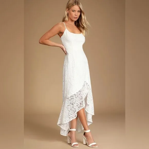 Lulu’s Always Gorgeous White Lace High-Low Midi Dress