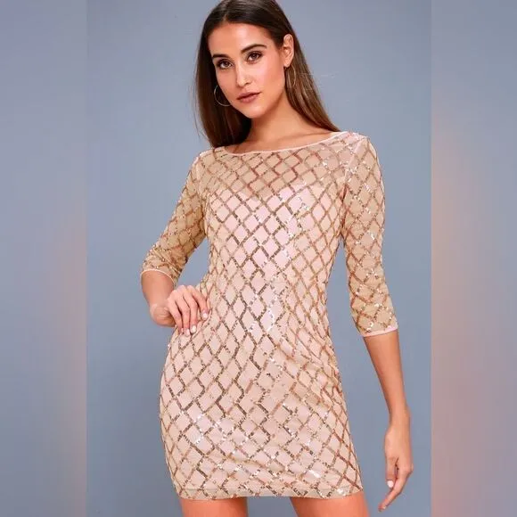 Lulu’s NWT Party Favor Rose Gold Sequin Bodycon Dress Champagne Cocktail Dress