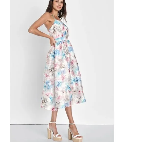 Lulus Refined Eloquence Mauve Multi Floral Jacquard Midi Dress Medium NWOT