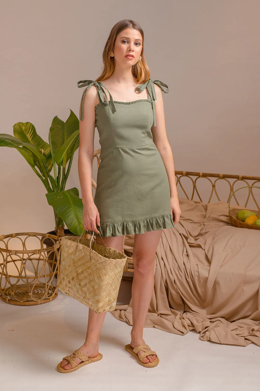 LUMINOSA Mini Dress with Bow Straps and Ruffled Skirt (Olive Linen)