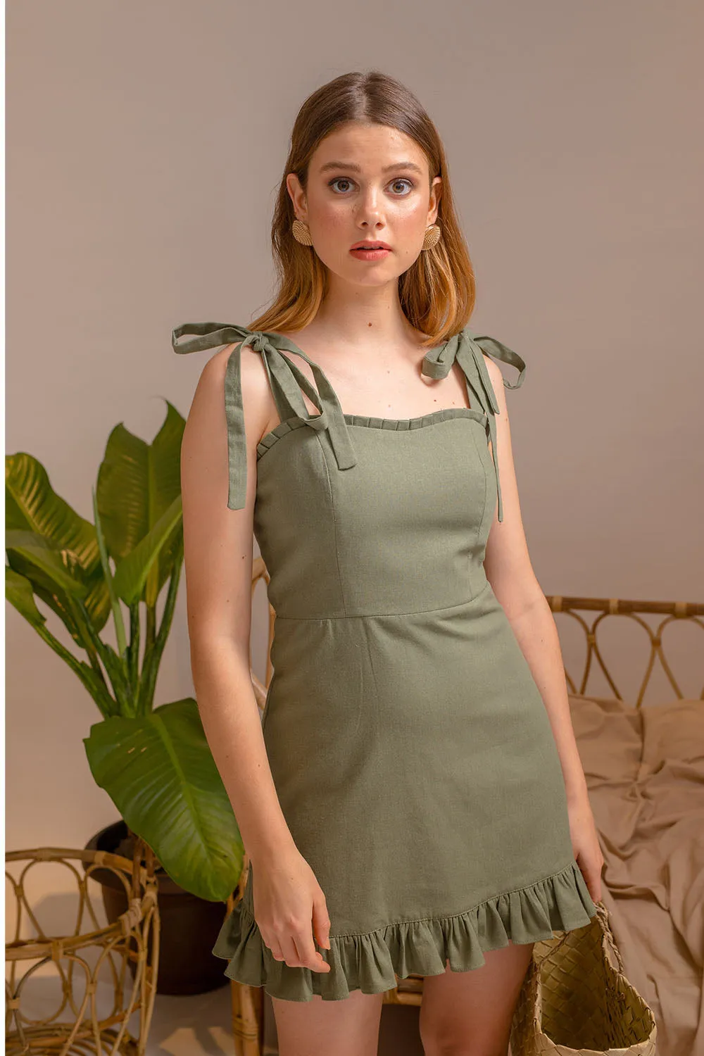 LUMINOSA Mini Dress with Bow Straps and Ruffled Skirt (Olive Linen)