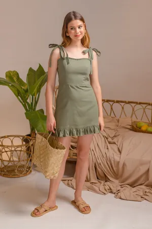 LUMINOSA Mini Dress with Bow Straps and Ruffled Skirt (Olive Linen)