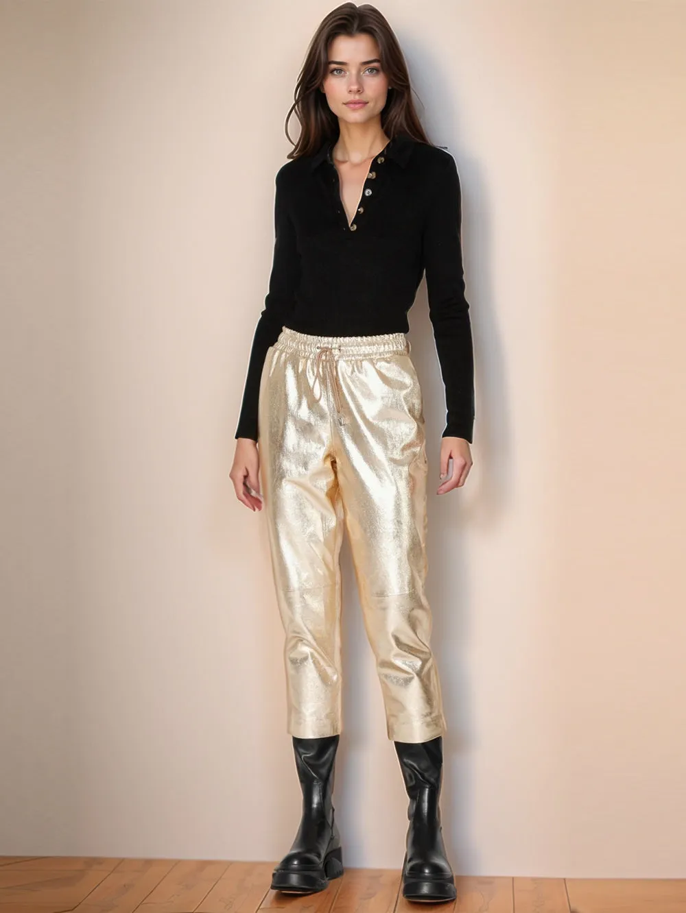 Luxe Metallic Tailored Leather Pant