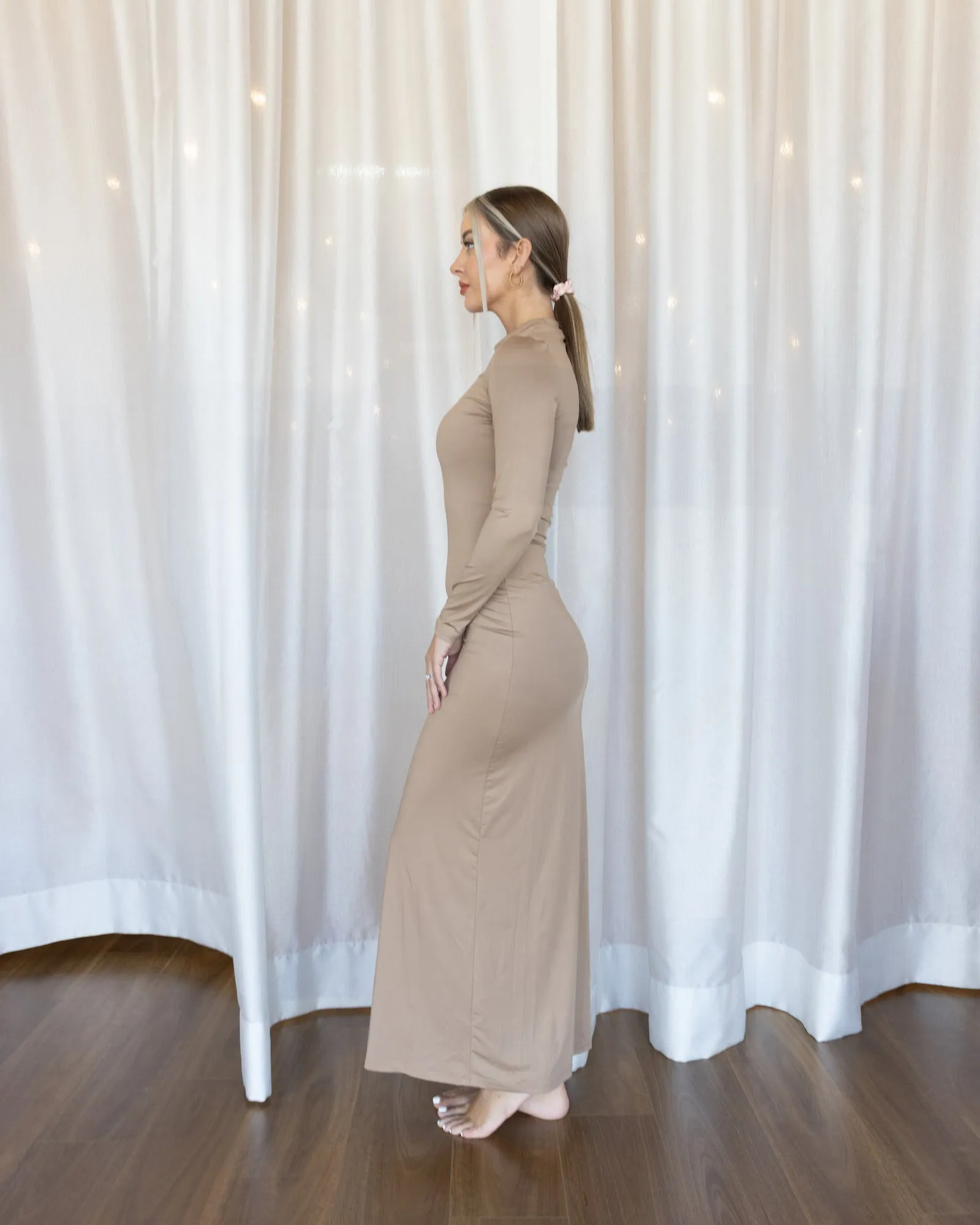 Luxe Slip Dress Low Neck Latte