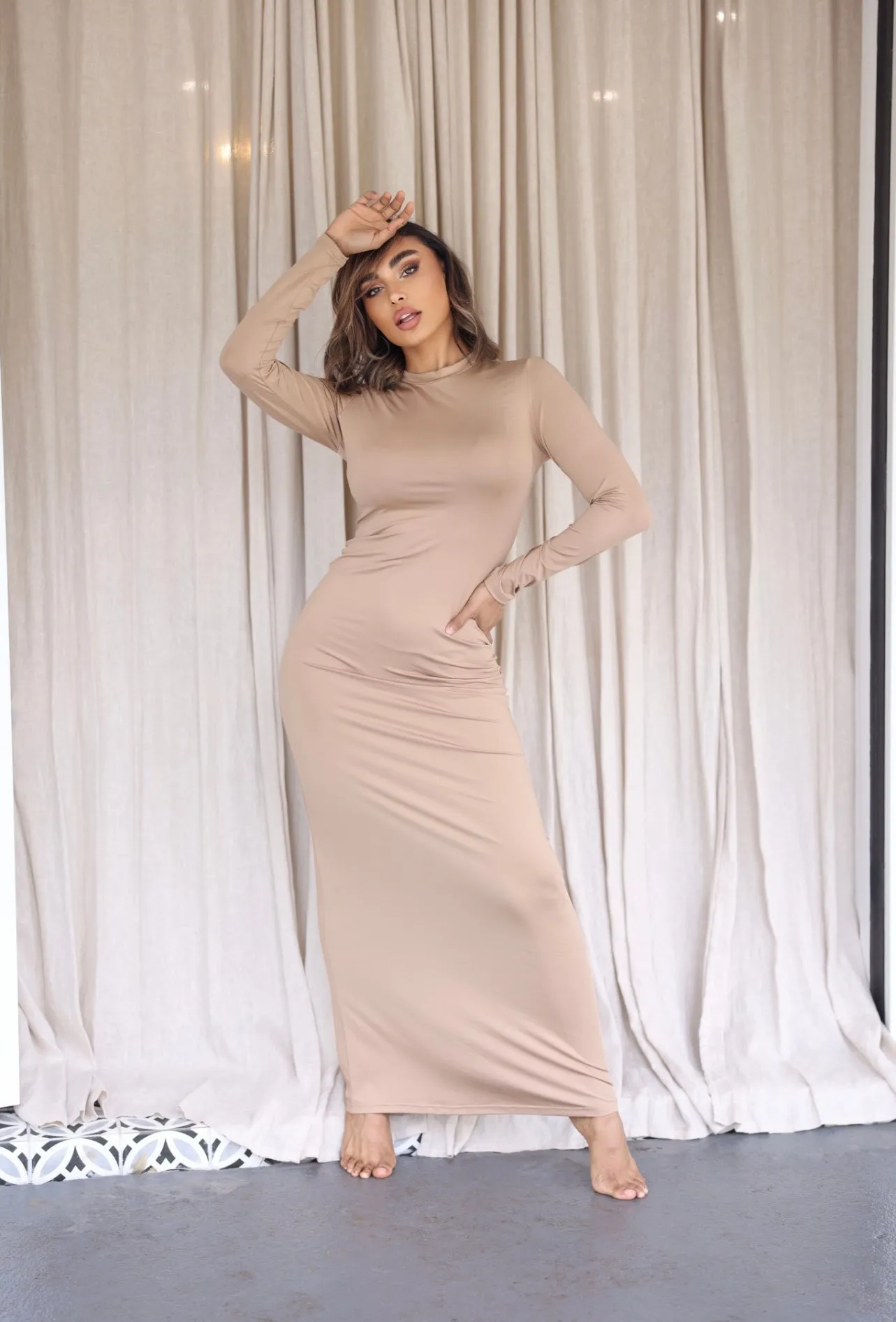 Luxe Slip Dress Low Neck Latte