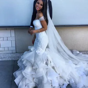 Luxurious Beaded Lace Bodice Ruffled Skirt Country Mermaid Wedding Dress With Chapel Train