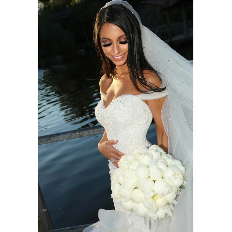 Luxurious Beaded Lace Bodice Ruffled Skirt Country Mermaid Wedding Dress With Chapel Train