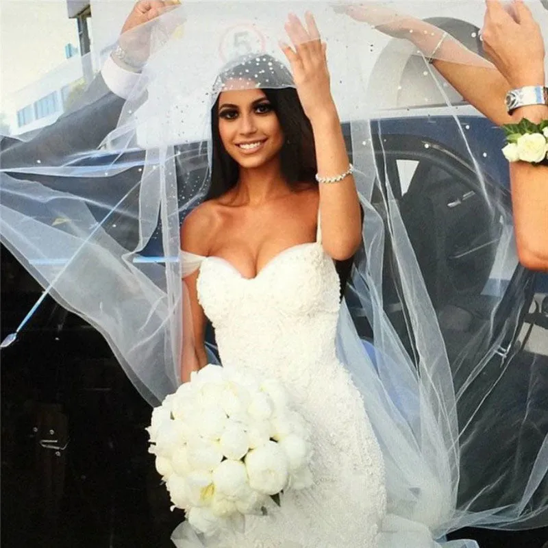 Luxurious Beaded Lace Bodice Ruffled Skirt Country Mermaid Wedding Dress With Chapel Train