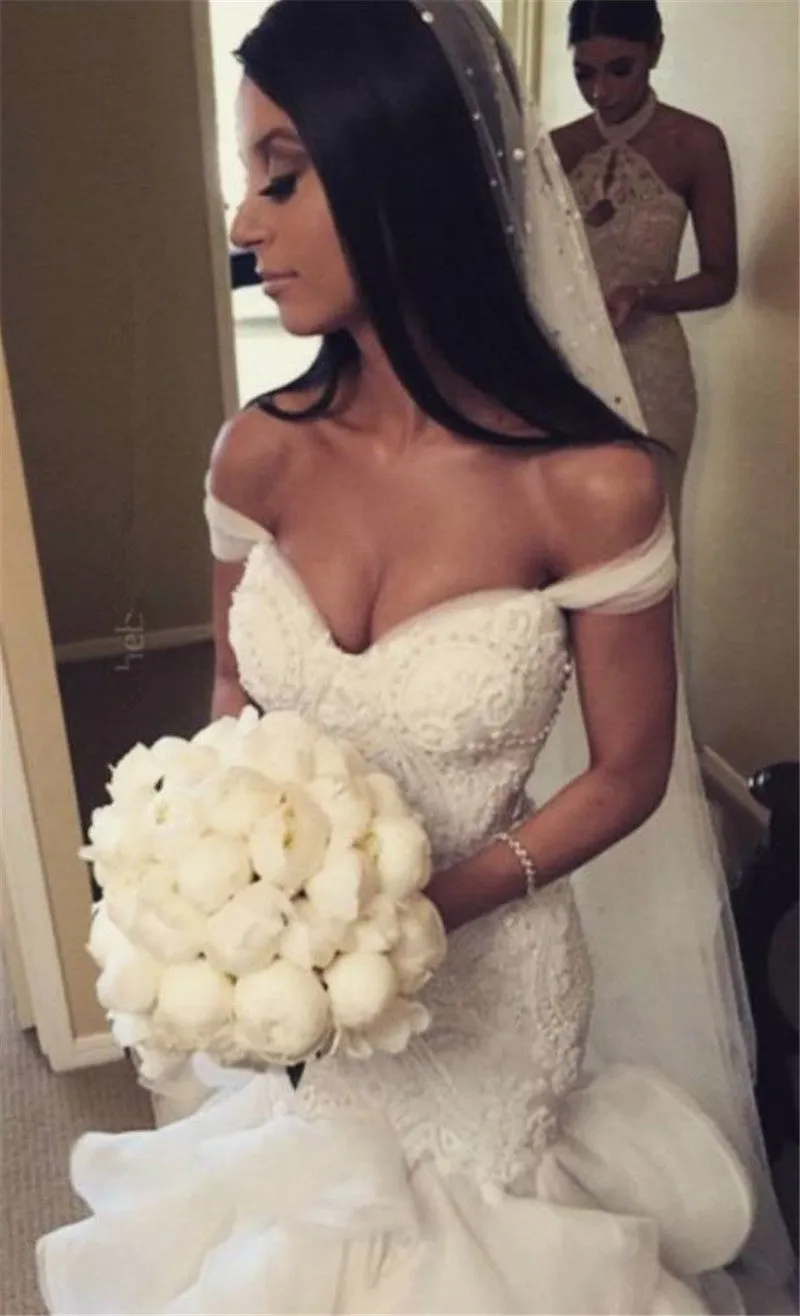Luxurious Beaded Lace Bodice Ruffled Skirt Country Mermaid Wedding Dress With Chapel Train