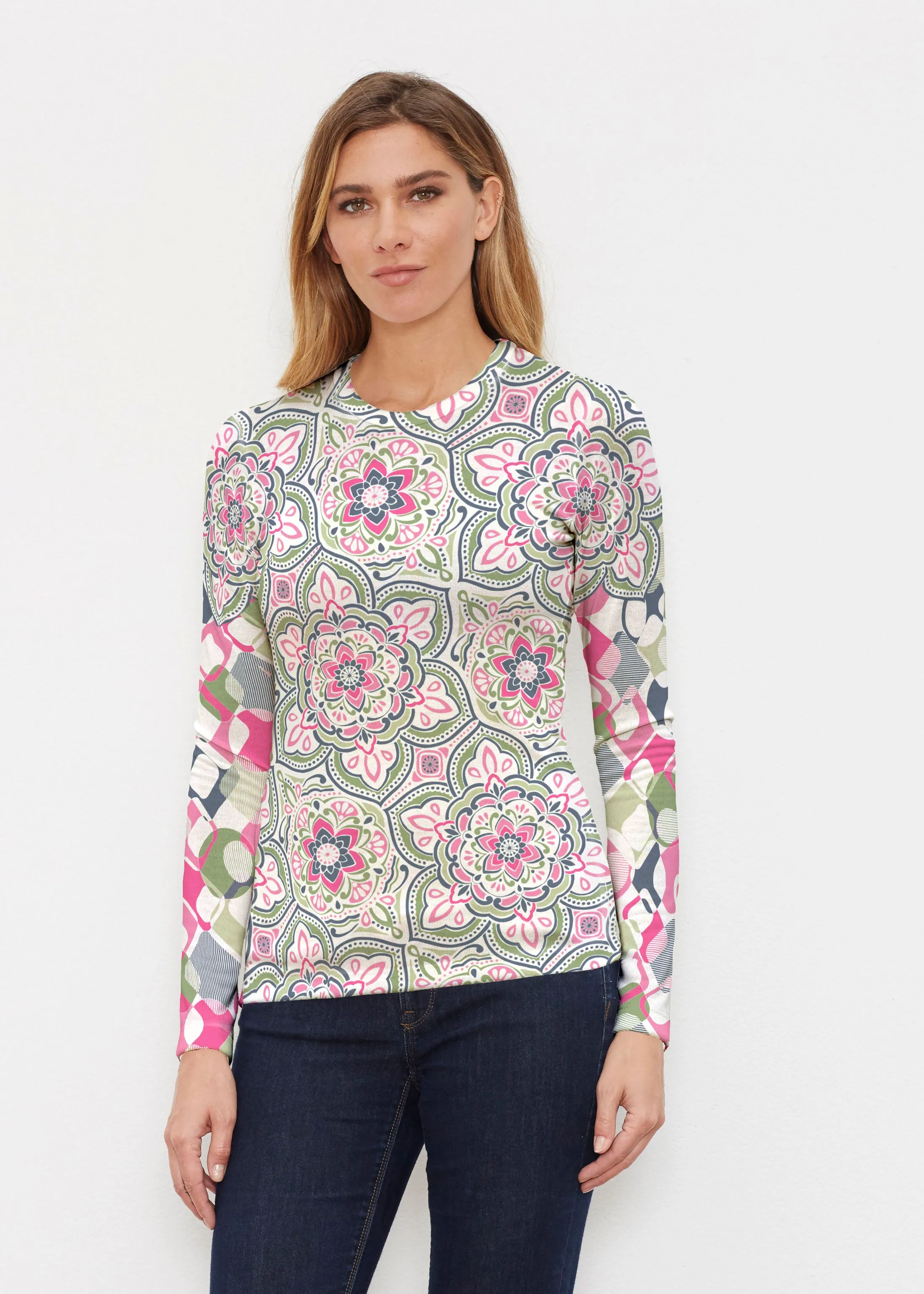 Mandala Geo Blue  (13503) ~ Butterknit Long Sleeve Crew Top