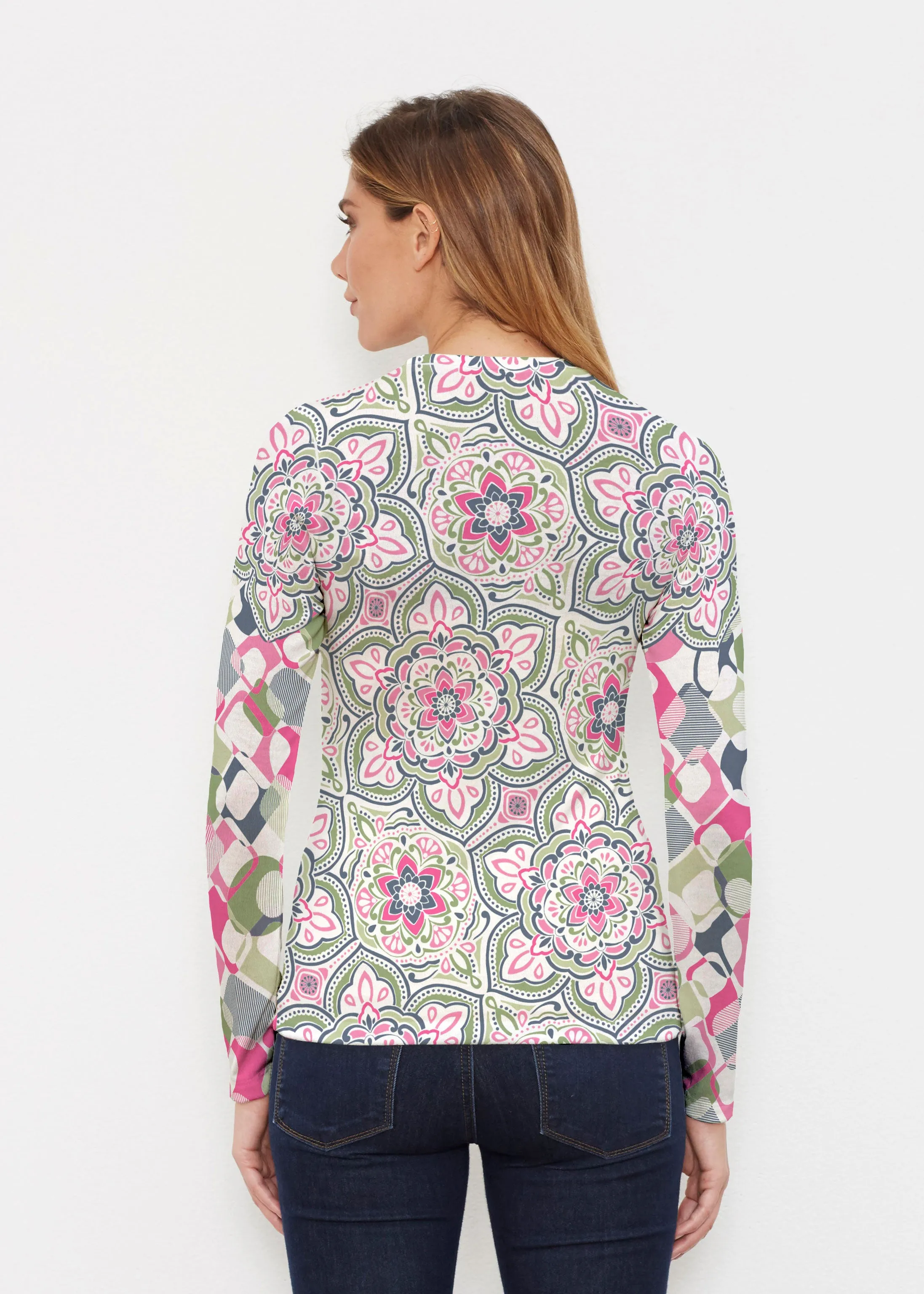 Mandala Geo Blue  (13503) ~ Butterknit Long Sleeve Crew Top
