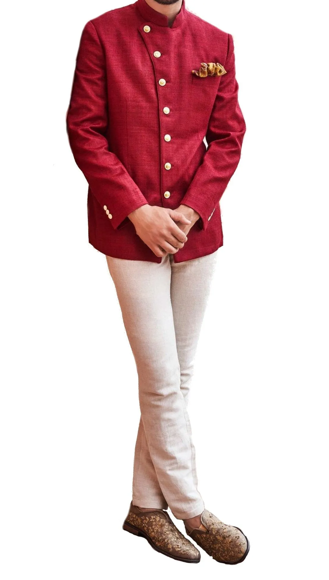 Maroon Color Bandhgala Chinese/Mandarin Collar Jodhpuri Suit