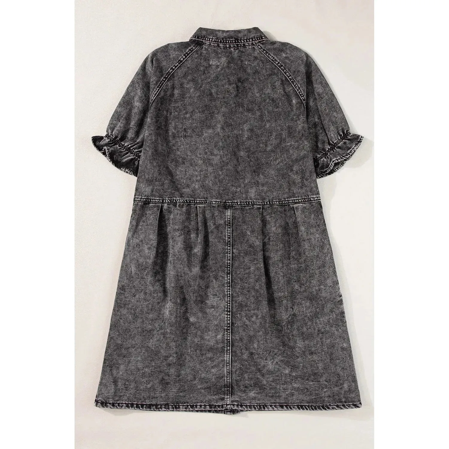 Medium Grey Mineral Wash Ruffled Short Sleeve Buttoned Denim Dress