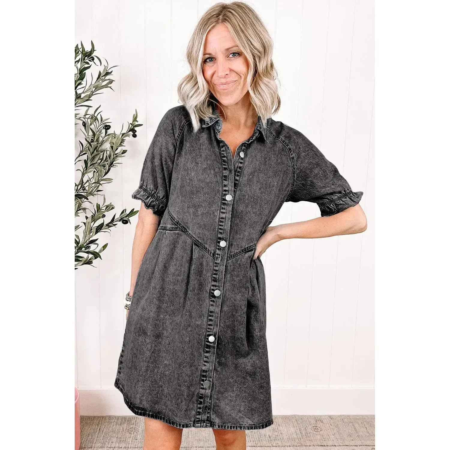 Medium Grey Mineral Wash Ruffled Short Sleeve Buttoned Denim Dress