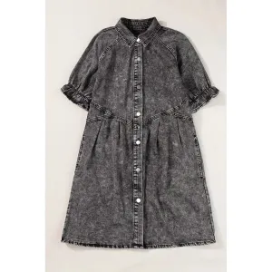 Medium Grey Mineral Wash Ruffled Short Sleeve Buttoned Denim Dress